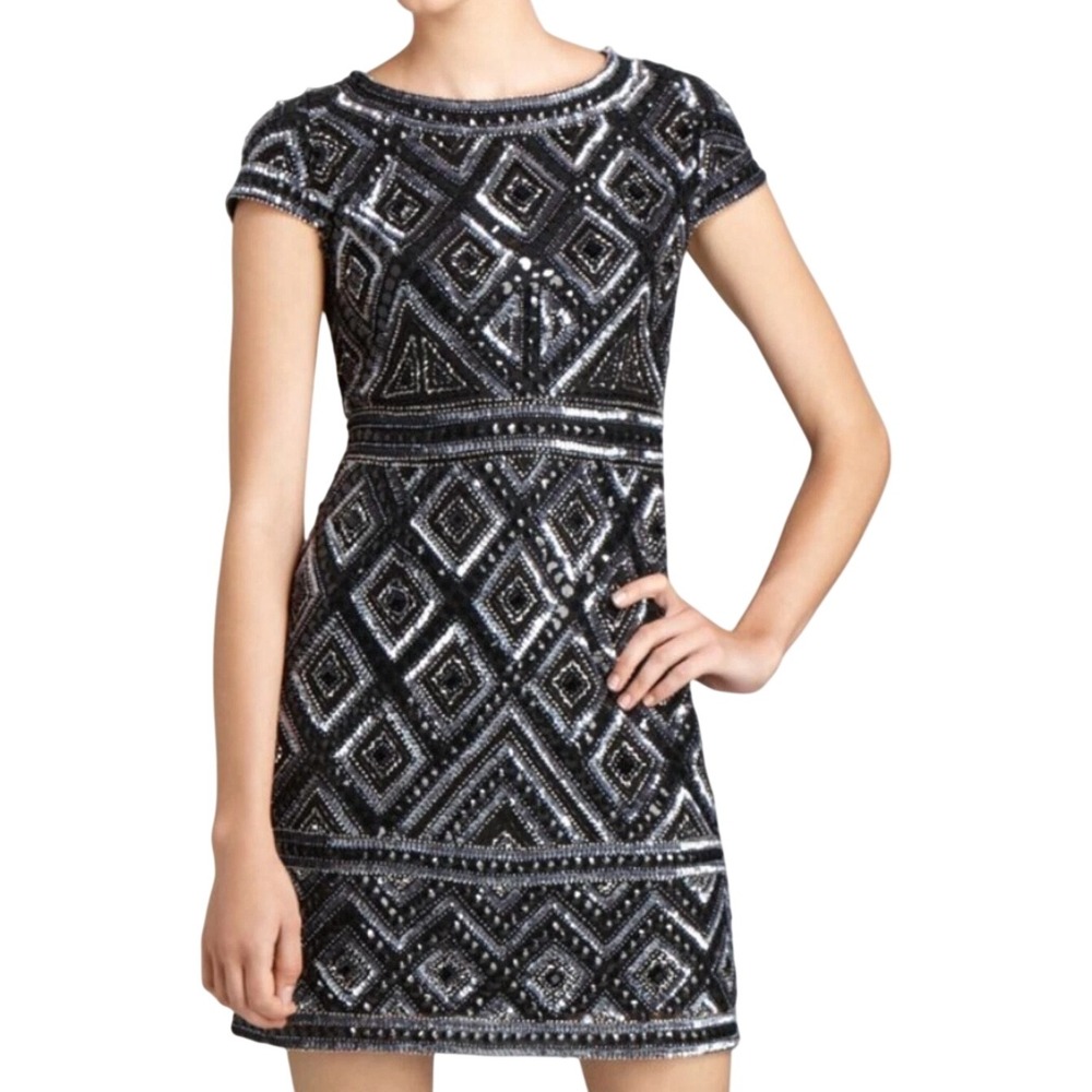 Adrianna Papell Dress Women 12 Black Beaded Gunmetal Cap Sleeve Sequin Sheath